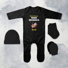 Load image into Gallery viewer, Custom Name Chota Packet Bada Dhamaka Diwali Jumpsuit with Cap, Mittens and Booties Romper Set for Baby Girl - KidsFashionVilla
