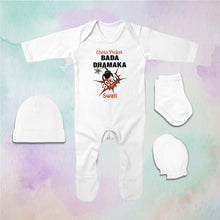 Load image into Gallery viewer, Custom Name Chota Packet Bada Dhamaka Diwali Jumpsuit with Cap, Mittens and Booties Romper Set for Baby Girl - KidsFashionVilla
