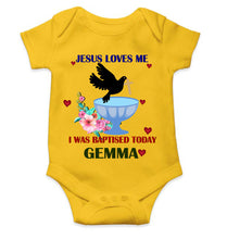 Load image into Gallery viewer, Custom Name Jesus Loves Me Baptism Christening Day Rompers for Baby Boy- KidsFashionVilla
