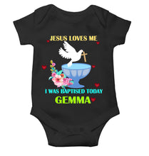 Load image into Gallery viewer, Custom Name Jesus Loves Me Baptism Christening Day Rompers for Baby Boy- KidsFashionVilla
