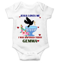 Load image into Gallery viewer, Custom Name Jesus Loves Me Baptism Christening Day Rompers for Baby Boy- KidsFashionVilla
