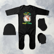 Load image into Gallery viewer, Custom Name Our First Fathers Day Fathers Day Jumpsuit with Cap, Mittens and Booties Romper Set for Baby Girl - KidsFashionVilla
