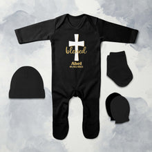 Load image into Gallery viewer, Custom Name And Date Blessed Baptism Christening Day Jumpsuit with Cap, Mittens and Booties Romper Set for Baby Boy - KidsFashionVilla
