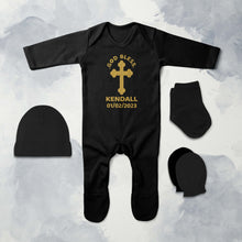 Load image into Gallery viewer, Custom Name And Date God Bless Baptism Christening Day Jumpsuit with Cap, Mittens and Booties Romper Set for Baby Boy - KidsFashionVilla
