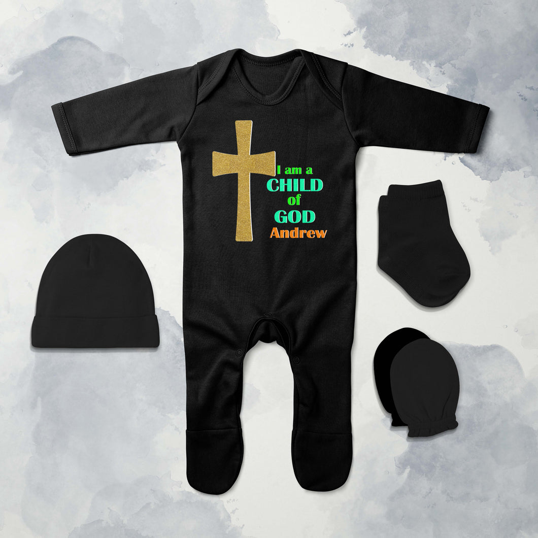 Custom Name Child Of God Baptism Christening Day Jumpsuit with Cap, Mittens and Booties Romper Set for Baby Boy - KidsFashionVilla