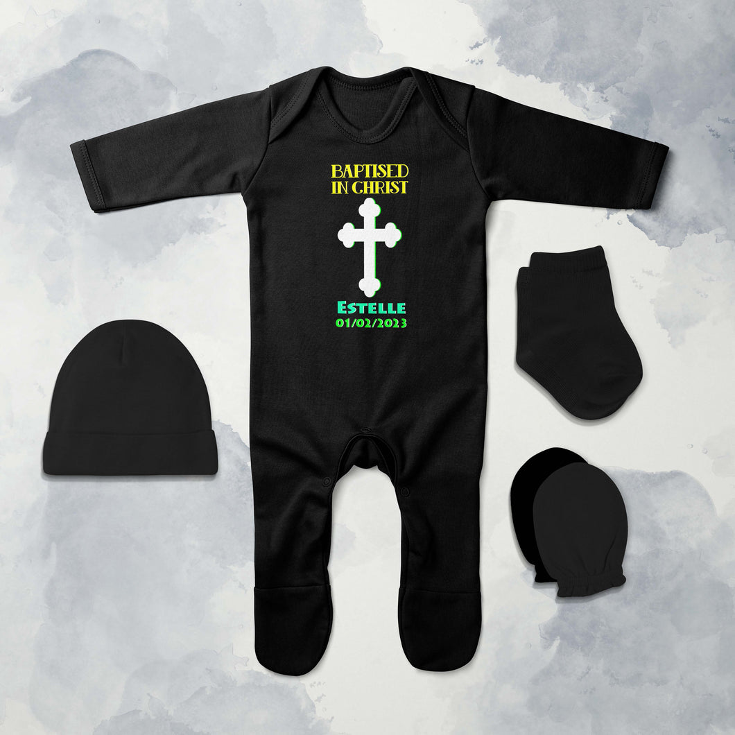 Custom Name And Date Baptised In Christ Christening Day Baptism Jumpsuit with Cap, Mittens and Booties Romper Set for Baby Boy - KidsFashionVilla