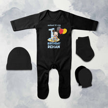 Load image into Gallery viewer, Custom Name Its My First Birthday Jumpsuit with Cap, Mittens and Booties Romper Set for Baby Boy - KidsFashionVilla
