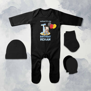 Custom Name Its My First Birthday Jumpsuit with Cap, Mittens and Booties Romper Set for Baby Boy - KidsFashionVilla