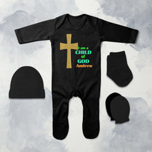 Load image into Gallery viewer, Custom Name Child Of God Baptism Christening Day Jumpsuit with Cap, Mittens and Booties Romper Set for Baby Girl - KidsFashionVilla
