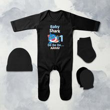 Load image into Gallery viewer, Custom Name Baby Shark Do Do Do First Birthday Jumpsuit with Cap, Mittens and Booties Romper Set for Baby Boy - KidsFashionVilla
