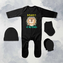 Load image into Gallery viewer, Roar I Am One First Birthday Jumpsuit with Cap, Mittens and Booties Romper Set for Baby Boy - KidsFashionVilla
