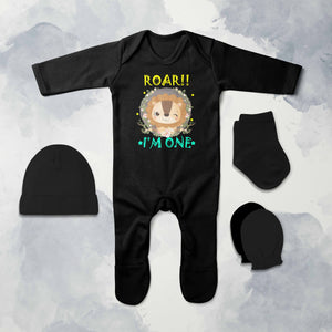 Roar I Am One First Birthday Jumpsuit with Cap, Mittens and Booties Romper Set for Baby Boy - KidsFashionVilla