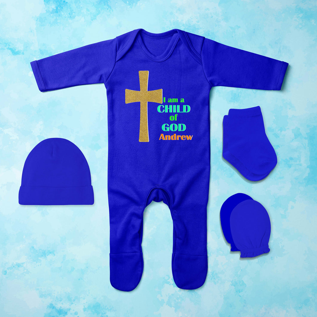 Custom Name Child Of God Baptism Christening Day Jumpsuit with Cap, Mittens and Booties Romper Set for Baby Boy - KidsFashionVilla