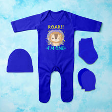 Load image into Gallery viewer, Roar I Am One First Birthday Jumpsuit with Cap, Mittens and Booties Romper Set for Baby Boy - KidsFashionVilla
