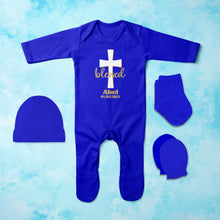 Load image into Gallery viewer, Custom Name And Date Blessed Baptism Christening Day Jumpsuit with Cap, Mittens and Booties Romper Set for Baby Girl - KidsFashionVilla
