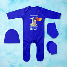 Load image into Gallery viewer, Custom Name Its My First Birthday Jumpsuit with Cap, Mittens and Booties Romper Set for Baby Boy - KidsFashionVilla
