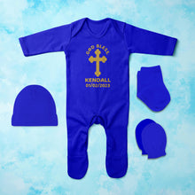 Load image into Gallery viewer, Custom Name And Date God Bless Baptism Christening Day Jumpsuit with Cap, Mittens and Booties Romper Set for Baby Boy - KidsFashionVilla
