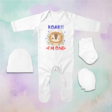 Load image into Gallery viewer, Roar I Am One First Birthday Jumpsuit with Cap, Mittens and Booties Romper Set for Baby Boy - KidsFashionVilla
