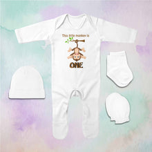 Load image into Gallery viewer, Little Monkey Is One First Birthday Jumpsuit with Cap, Mittens and Booties Romper Set for Baby Boy - KidsFashionVilla
