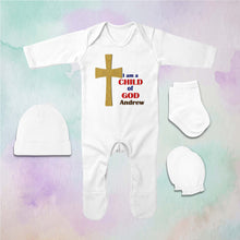 Load image into Gallery viewer, Custom Name Child Of God Baptism Christening Day Jumpsuit with Cap, Mittens and Booties Romper Set for Baby Girl - KidsFashionVilla
