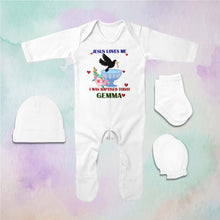 Load image into Gallery viewer, Custom Name Jesus Loves Me Baptism Christening Day Jumpsuit with Cap, Mittens and Booties Romper Set for Baby Girl - KidsFashionVilla
