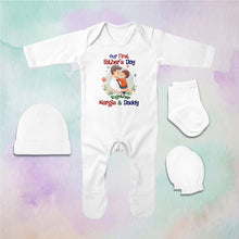 Load image into Gallery viewer, Custom Name Our First Fathers Day Fathers Day Jumpsuit with Cap, Mittens and Booties Romper Set for Baby Girl - KidsFashionVilla
