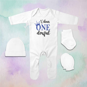 Custom Name First Birthday Jumpsuit with Cap, Mittens and Booties Romper Set for Baby Boy - KidsFashionVilla