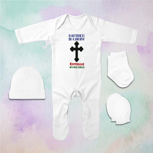 Custom Name And Date Baptised In Christ Christening Day Baptism Jumpsuit with Cap, Mittens and Booties Romper Set for Baby Girl - KidsFashionVilla