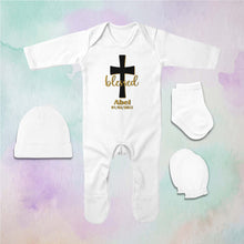 Load image into Gallery viewer, Custom Name And Date Blessed Baptism Christening Day Jumpsuit with Cap, Mittens and Booties Romper Set for Baby Girl - KidsFashionVilla
