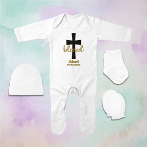 Custom Name And Date Blessed Baptism Christening Day Jumpsuit with Cap, Mittens and Booties Romper Set for Baby Girl - KidsFashionVilla