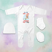 Load image into Gallery viewer, Custom Name Our First Fathers Day Together Jumpsuit with Cap, Mittens and Booties Romper Set for Baby Girl - KidsFashionVilla
