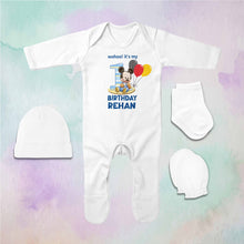 Load image into Gallery viewer, Custom Name Its My First Birthday Jumpsuit with Cap, Mittens and Booties Romper Set for Baby Boy - KidsFashionVilla
