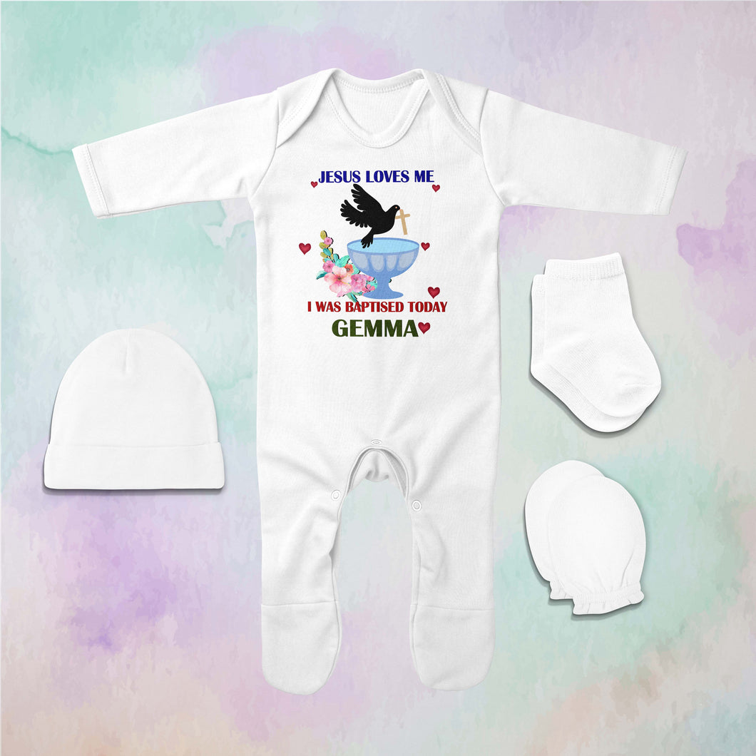 Custom Name Jesus Loves Me Baptism Christening Day Jumpsuit with Cap, Mittens and Booties Romper Set for Baby Boy - KidsFashionVilla