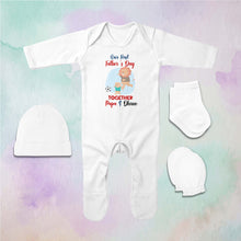 Load image into Gallery viewer, Custom Name Our First Fathers Day Together Jumpsuit with Cap, Mittens and Booties Romper Set for Baby Boy - KidsFashionVilla
