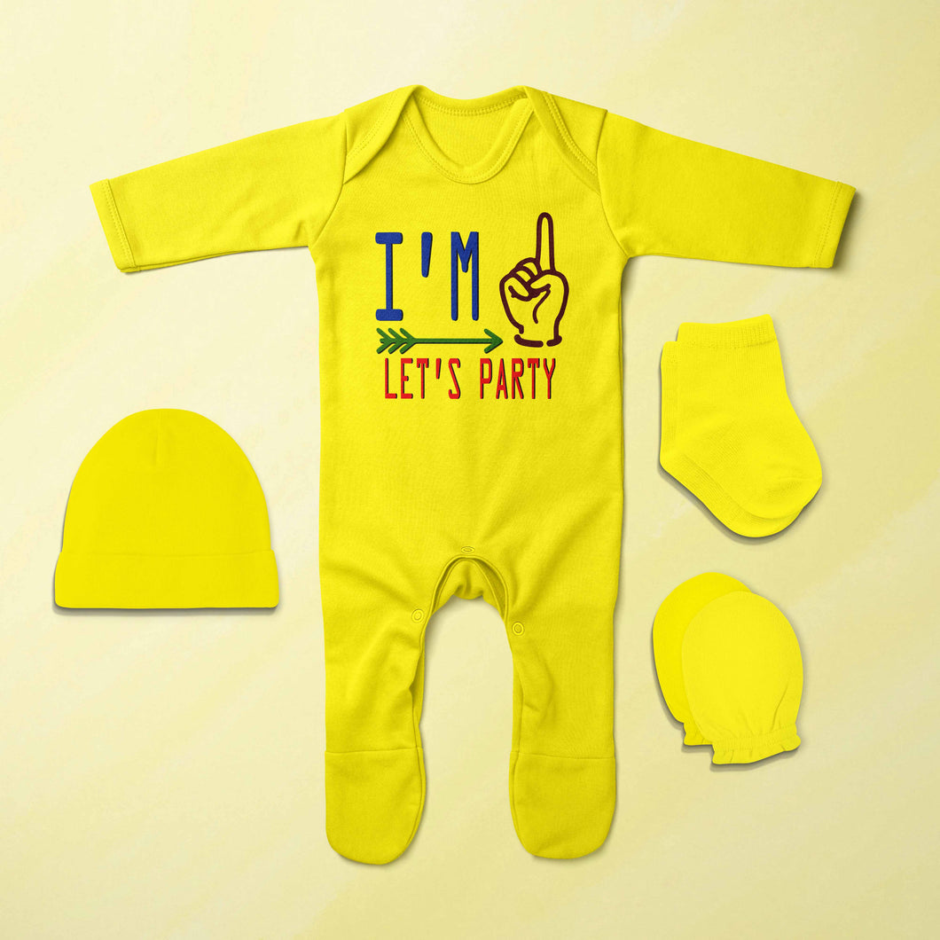 One Lets Party First Birthday Jumpsuit with Cap, Mittens and Booties Romper Set for Baby Boy - KidsFashionVilla