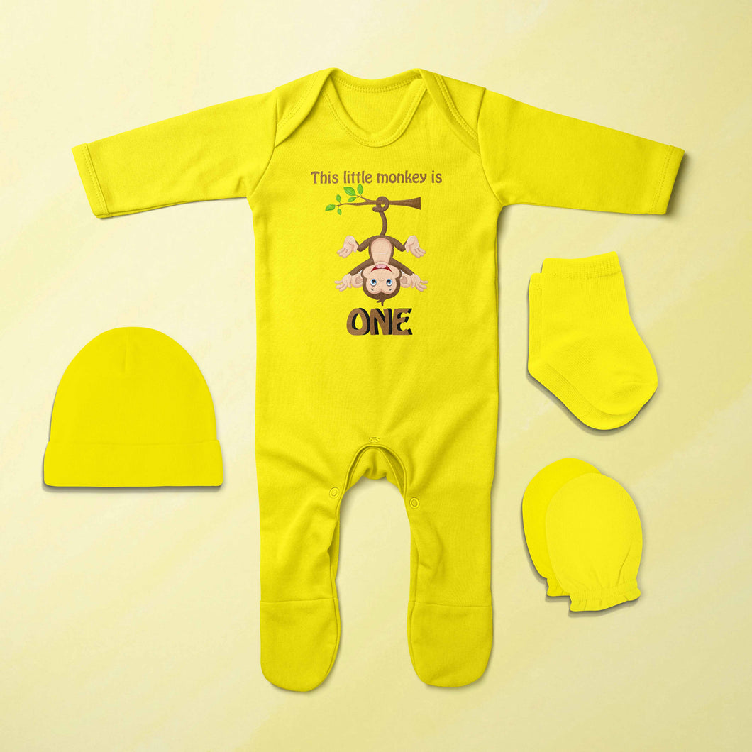 Little Monkey Is One First Birthday Jumpsuit with Cap, Mittens and Booties Romper Set for Baby Girl - KidsFashionVilla