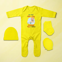 Load image into Gallery viewer, Custom Name Our First Fathers Day Together Jumpsuit with Cap, Mittens and Booties Romper Set for Baby Boy - KidsFashionVilla
