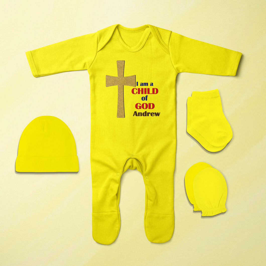 Custom Name Child Of God Baptism Christening Day Jumpsuit with Cap, Mittens and Booties Romper Set for Baby Boy - KidsFashionVilla