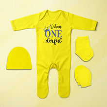 Load image into Gallery viewer, Custom Name First Birthday Jumpsuit with Cap, Mittens and Booties Romper Set for Baby Boy - KidsFashionVilla
