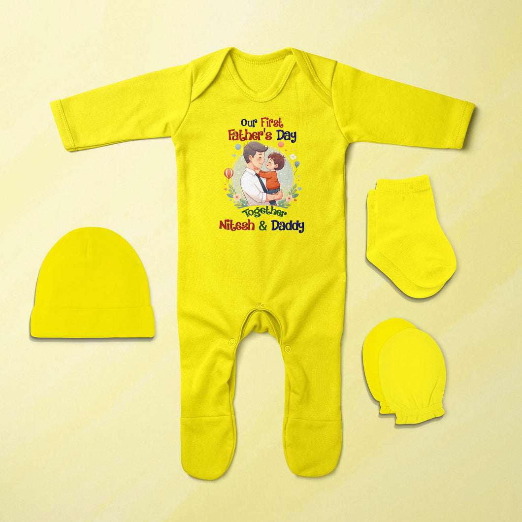 Custom Name Our First Fathers Day Jumpsuit with Cap, Mittens and Booties Romper Set for Baby Boy - KidsFashionVilla