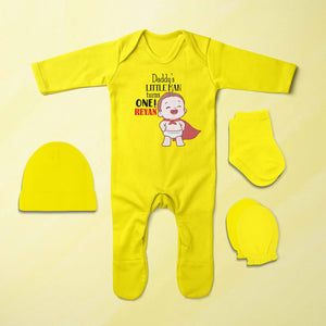 Custom Name Daddys Little Man Turns One First Birthday Jumpsuit with Cap, Mittens and Booties Romper Set for Baby Boy - KidsFashionVilla