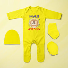 Load image into Gallery viewer, Roar I Am One First Birthday Jumpsuit with Cap, Mittens and Booties Romper Set for Baby Boy - KidsFashionVilla
