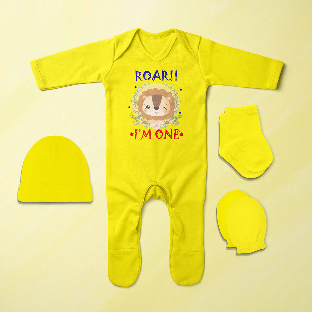 Roar I Am One First Birthday Jumpsuit with Cap, Mittens and Booties Romper Set for Baby Boy - KidsFashionVilla