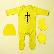 Load image into Gallery viewer, Custom Name And Date Blessed Baptism Christening Day Jumpsuit with Cap, Mittens and Booties Romper Set for Baby Boy - KidsFashionVilla
