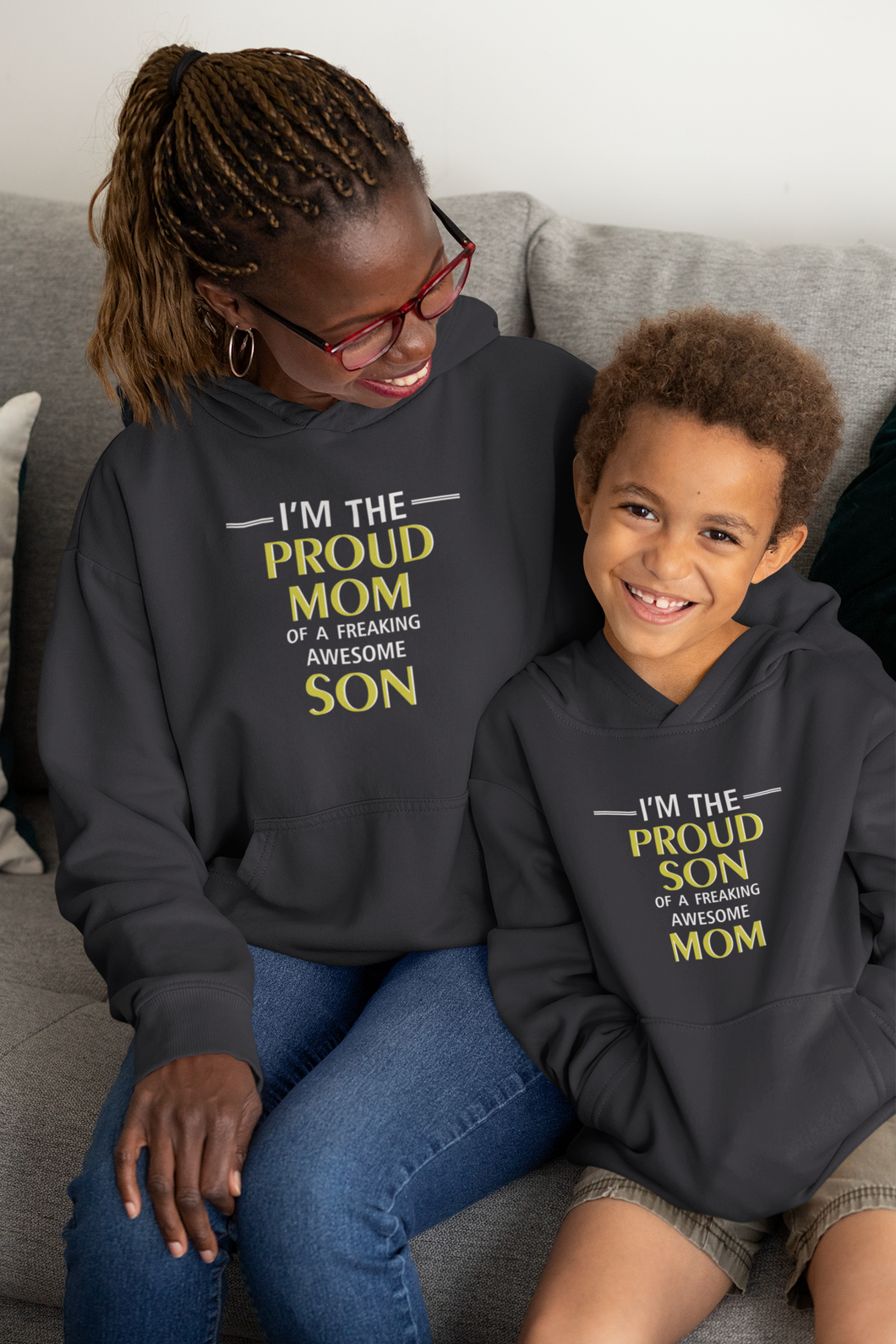 Proud Son Of A Freaking Awesome Mom Mother And Son Black Matching Hoodies- KidsFashionVilla