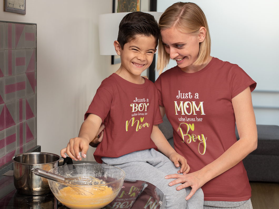 Just A Boy Who Loves His Mom Mother And Son Red Matching T-Shirt- KidsFashionVilla