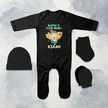 Load image into Gallery viewer, Custom Name Little Bappa Bhakt Ganesh Chaturthi Jumpsuit with Cap, Mittens and Booties Romper Set for Baby Boy - KidsFashionVilla
