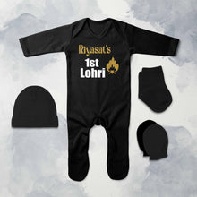 Load image into Gallery viewer, Custom Name First Lohri Jumpsuit with Cap, Mittens and Booties Romper Set for Baby Girl - KidsFashionVilla

