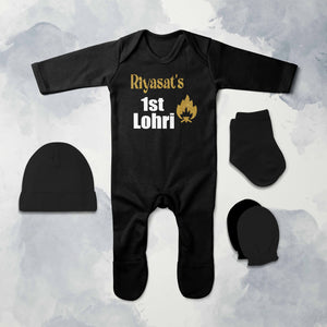 Custom Name First Lohri Jumpsuit with Cap, Mittens and Booties Romper Set for Baby Girl - KidsFashionVilla