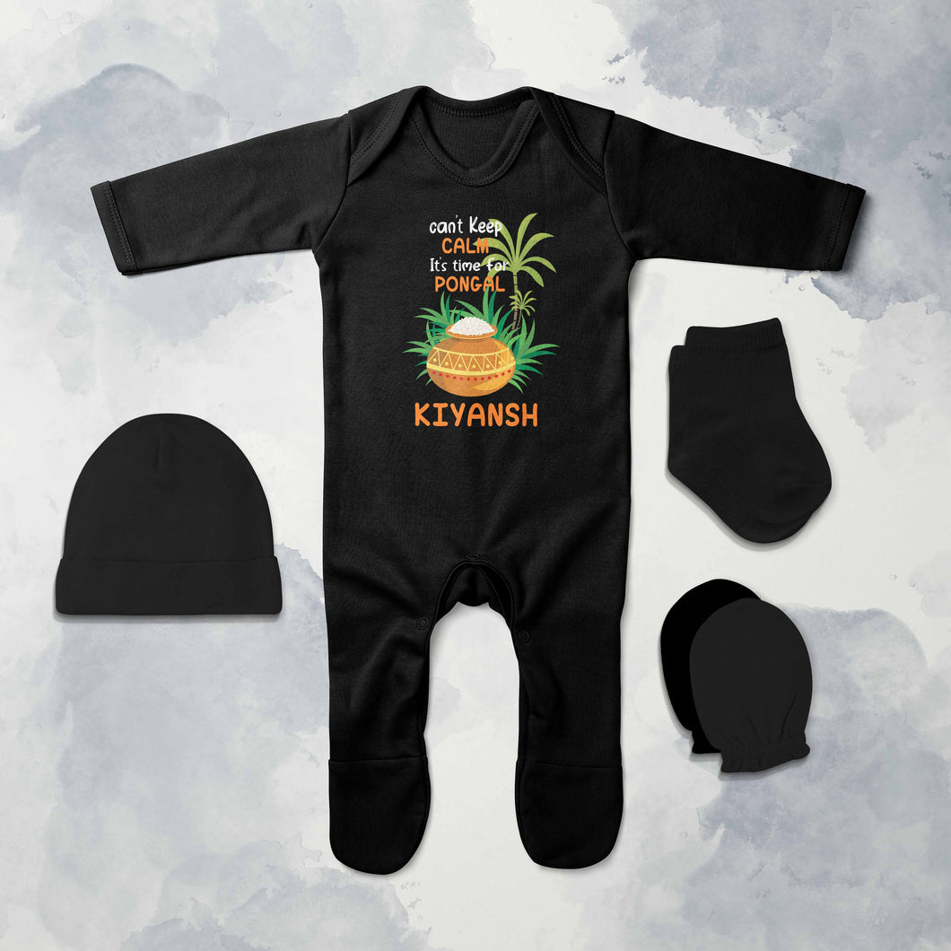 Custom Name Time For Pongal Jumpsuit with Cap, Mittens and Booties Romper Set for Baby Boy - KidsFashionVilla